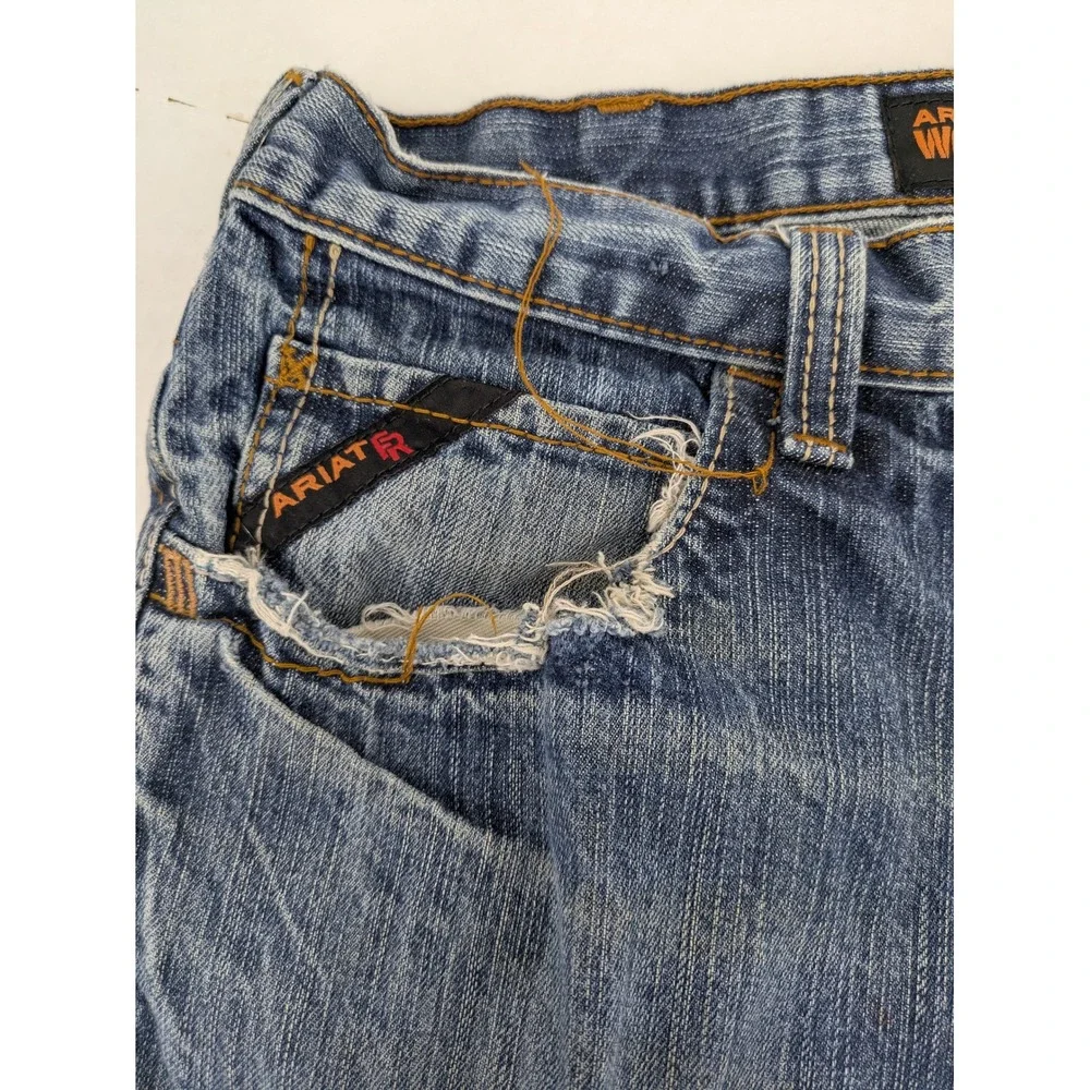 Ariat FR M4 Low Rise Boot Cut Jeans Mens 36x32 Blue Distressed Thrashed Workwear